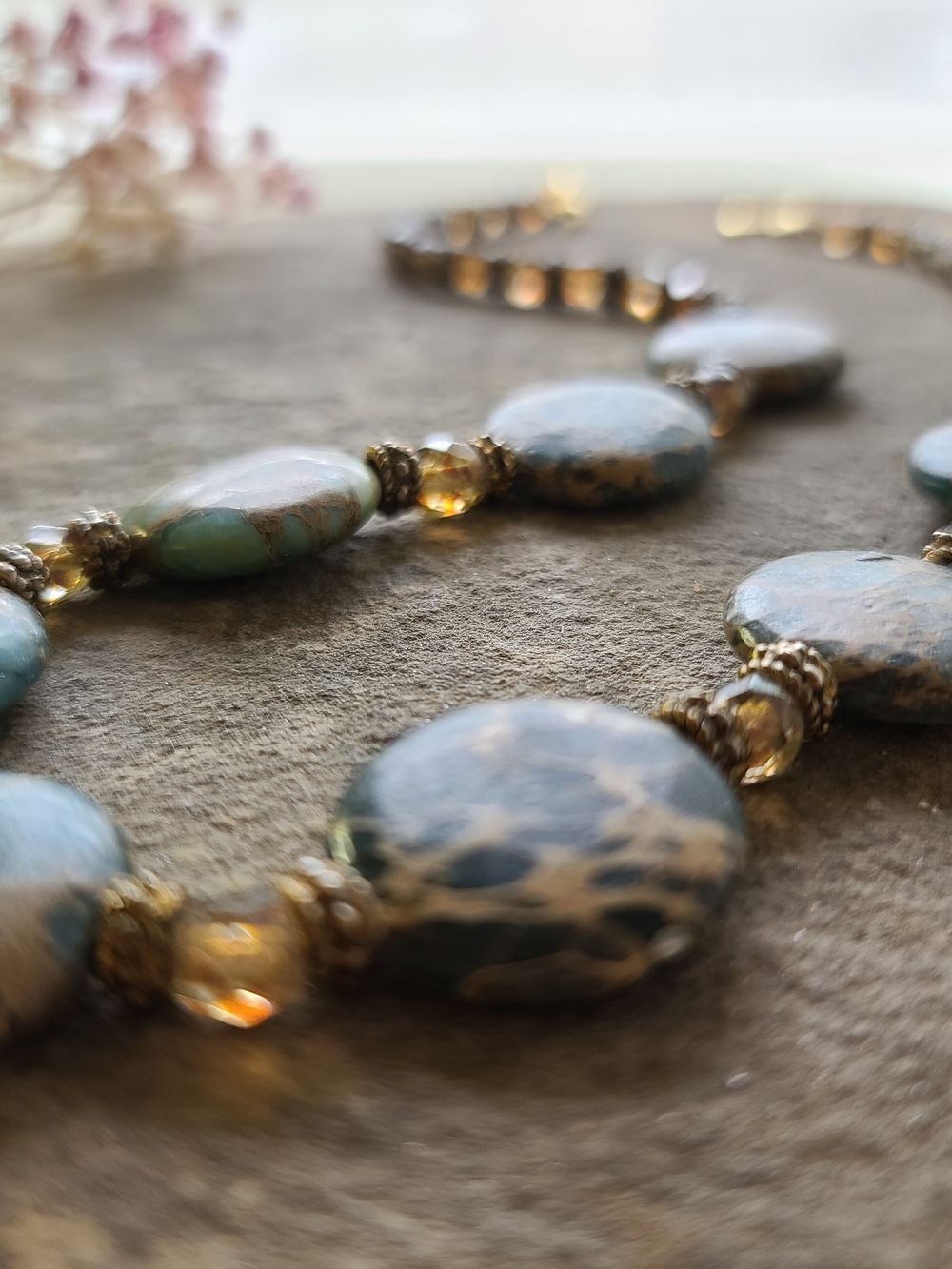 Statement Natural Sea SGold Toggle Beaded Necklace with Iridescent Faceted Beads